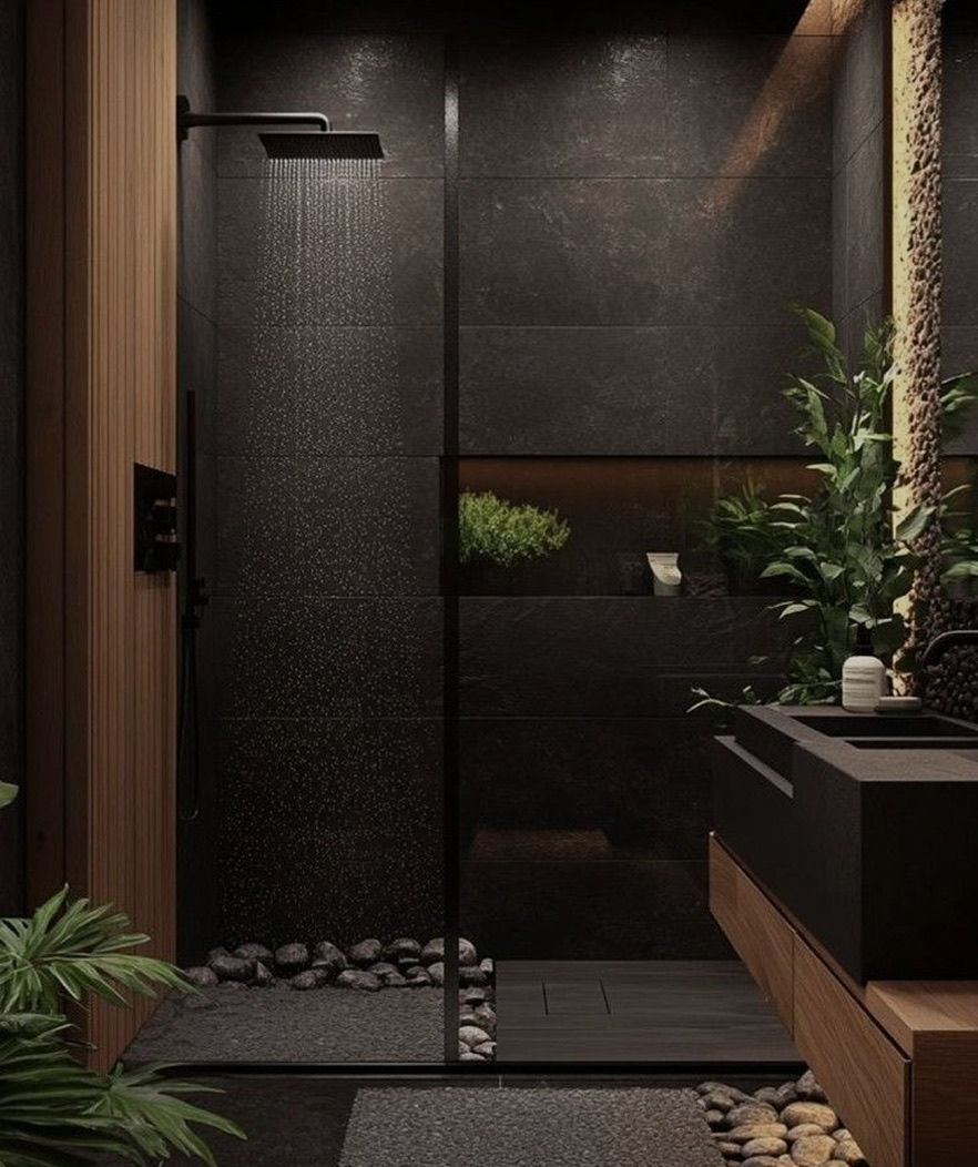Rainfall shower in a dark stone-clad bathroom with planting