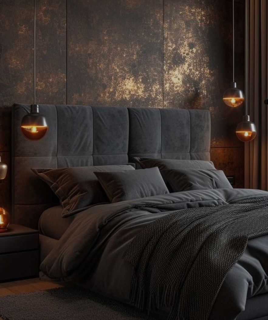 Master bedroom with velvet headboard and pendant lighting