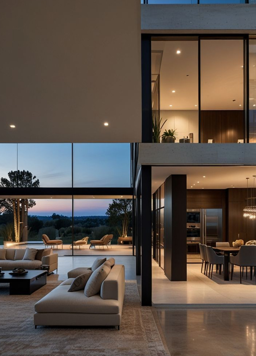 Open-plan living and dining area with panoramic sunset views
