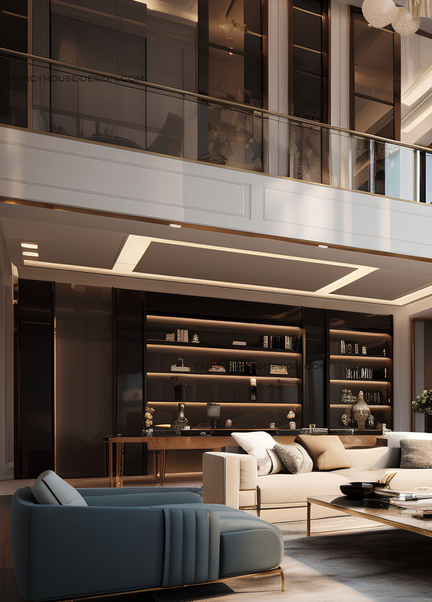 Double-height living room with library wall and lounge seating