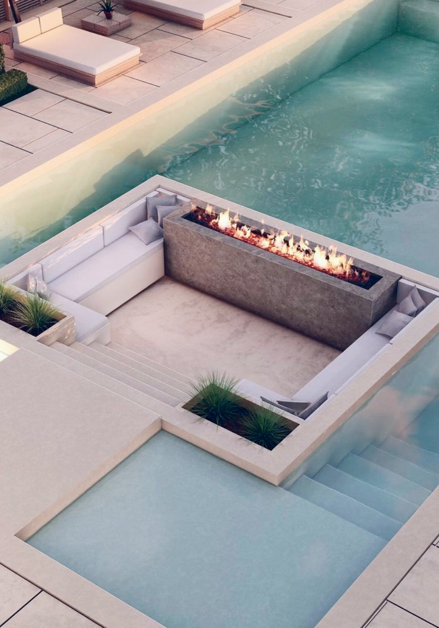 Sunken poolside lounge with a linear fire pit