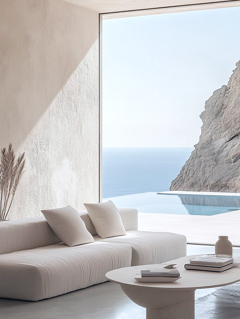Living room opening onto the infinity pool and the cliffs