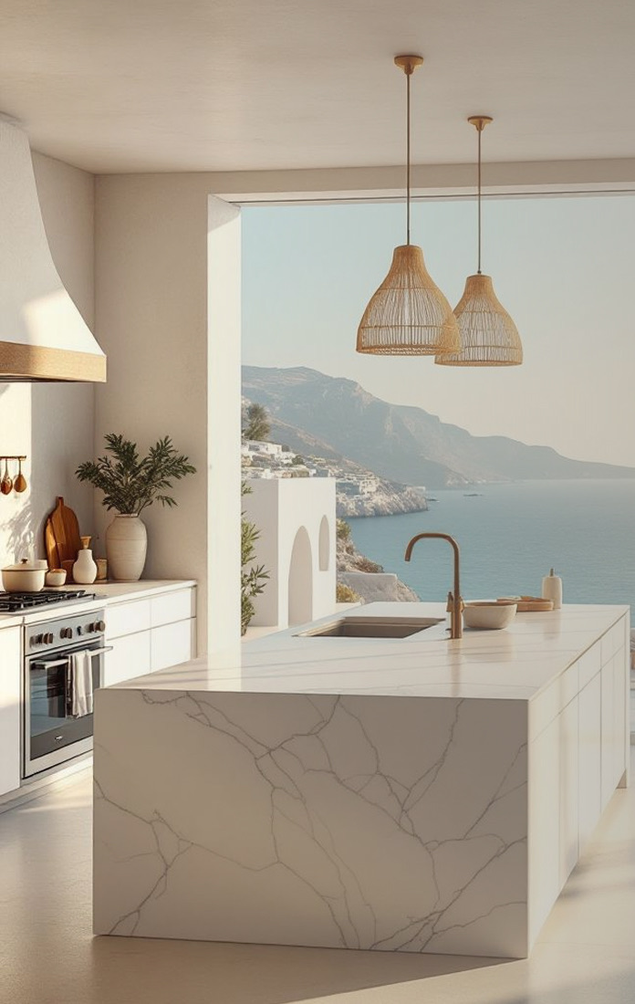 Kitchen with a marble island and rattan pendant lights