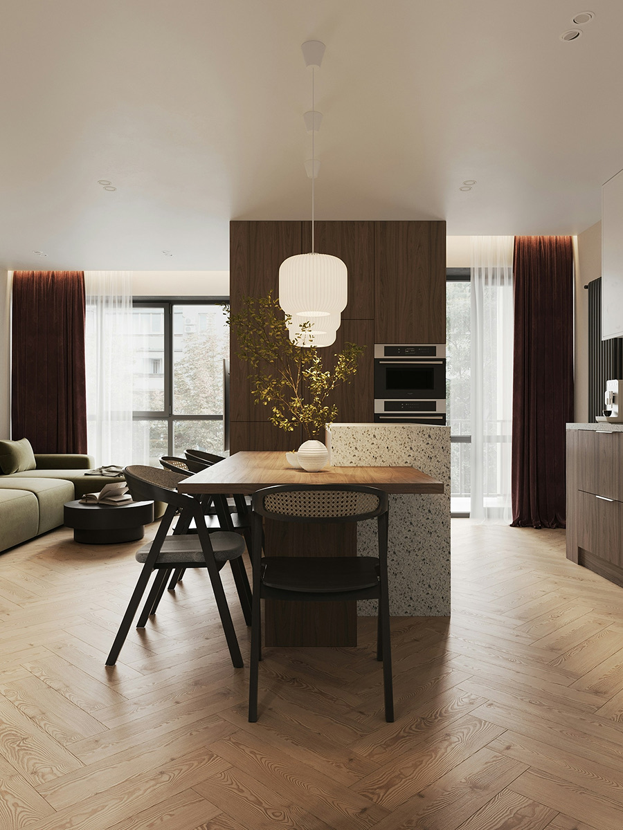 A dining table and black chairs in front of the living room windows