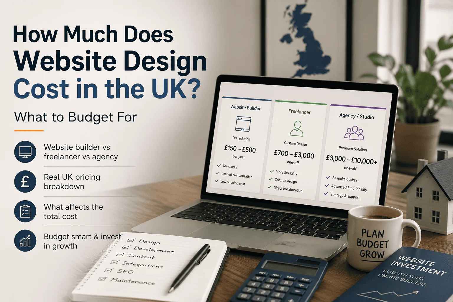 How much does website design cost in the UK, comparing website builder, freelancer and agency pricing