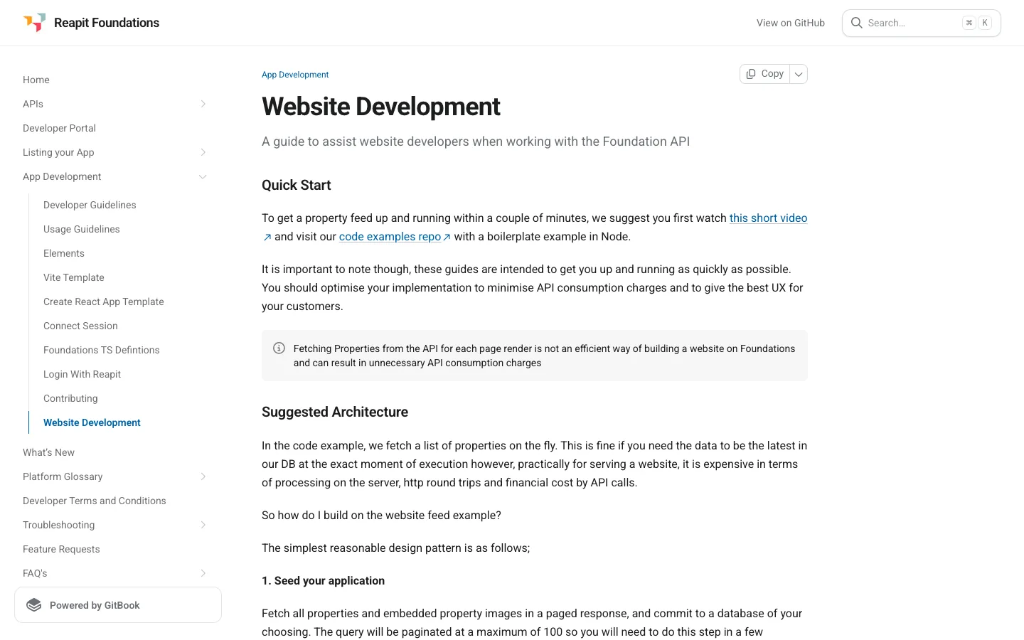 Documentazione Reapit Foundations che avverte come recuperare gli immobili dalla API a ogni rendering di pagina non sia un modo efficiente di costruire un sito