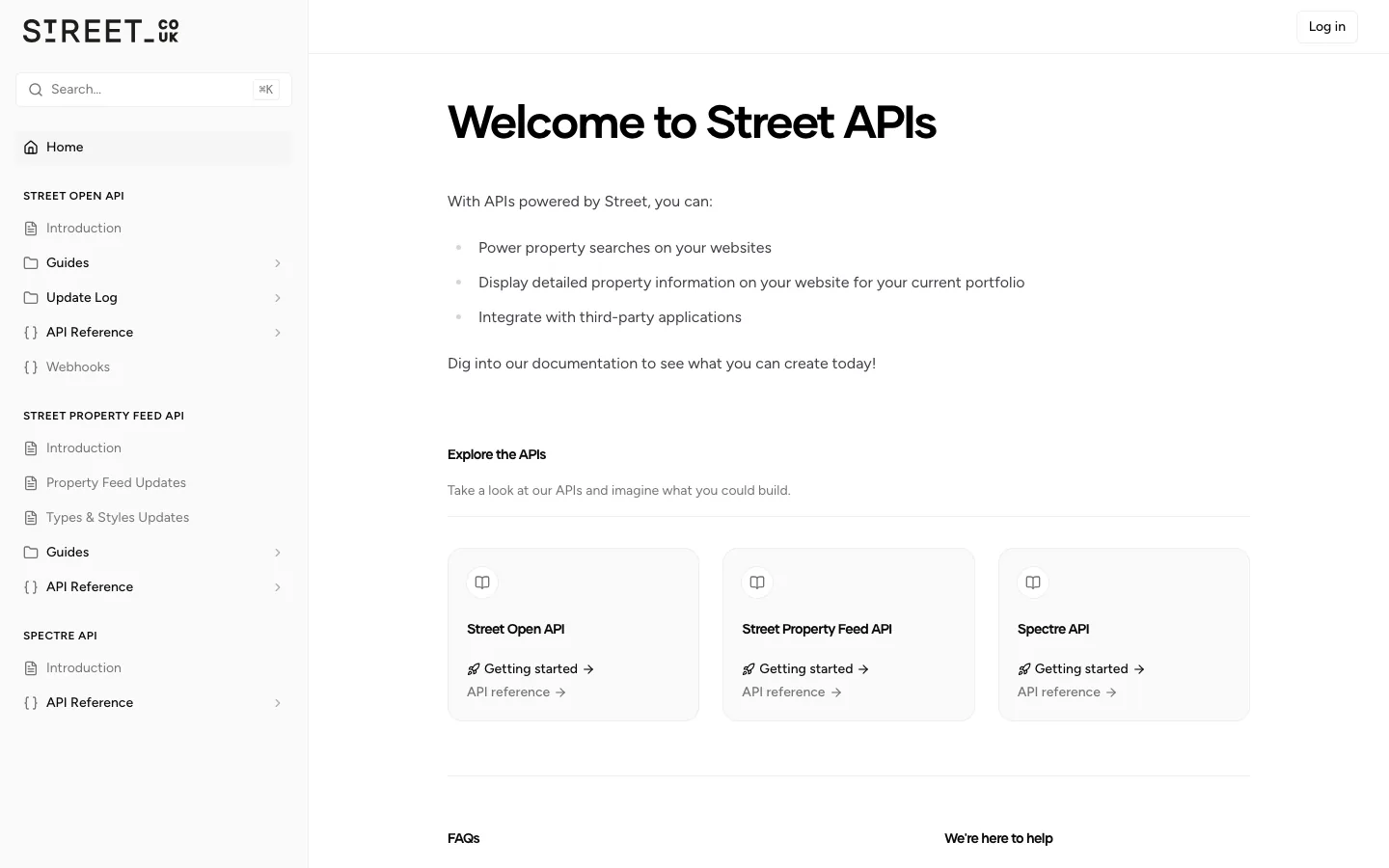 Portale di documentazione API di Street.co.uk con i contratti della Property Feed API