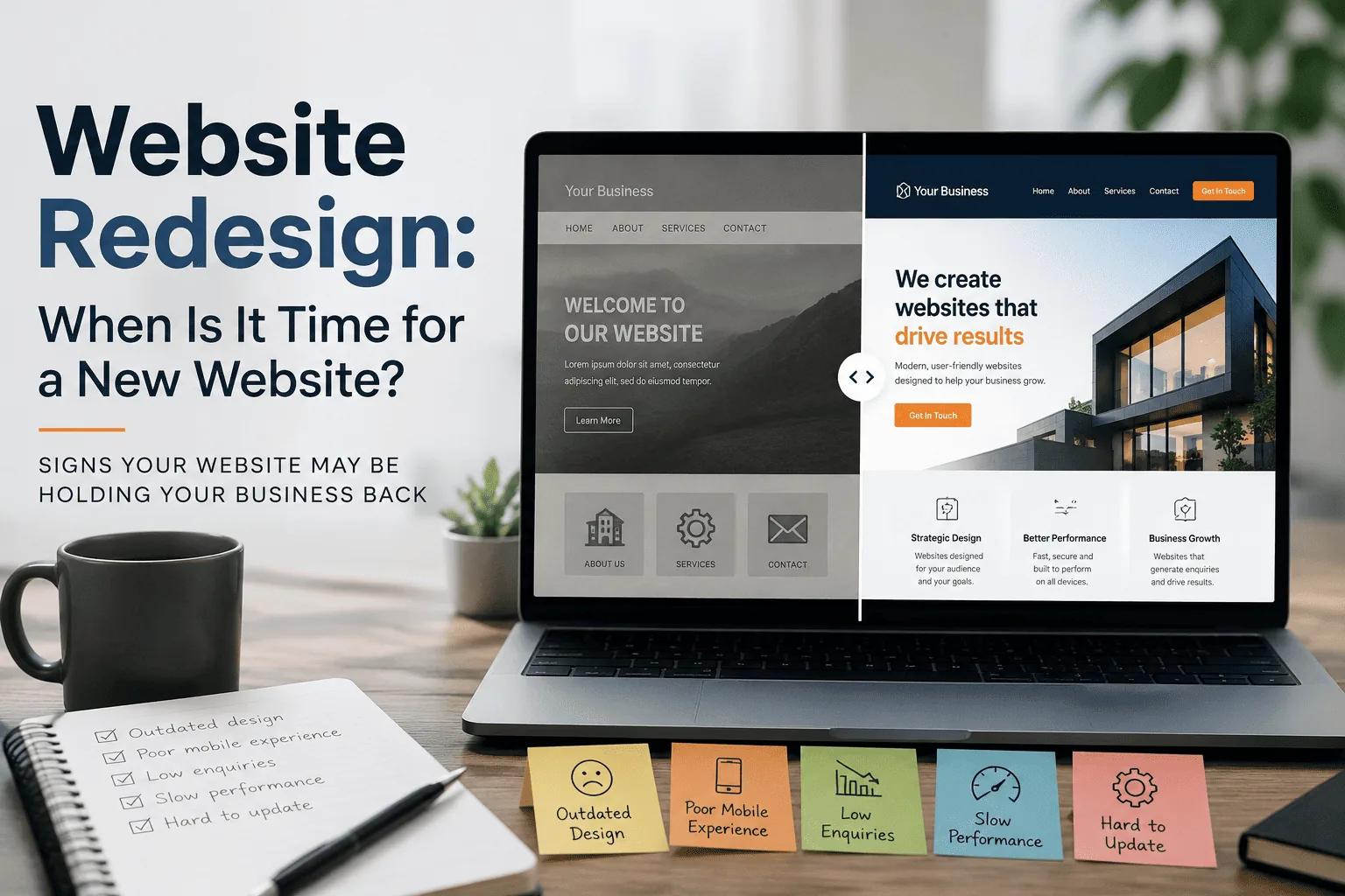 Website redesign comparison showing an outdated website next to a modern, conversion-focused redesign